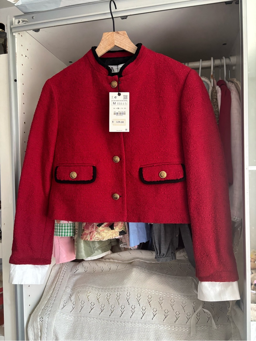 Zara Red Bouclé Cropped Jacket with Black Trim